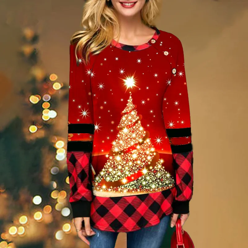 Bling Bling Christmas Tree Print Plaid Long-sleeve Top