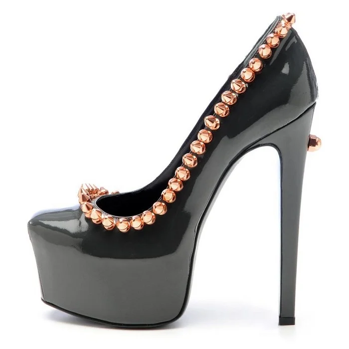 Black and Gold Rivets Platform Heels Fashion Stiletto Heels Pumps |FSJ Shoes
