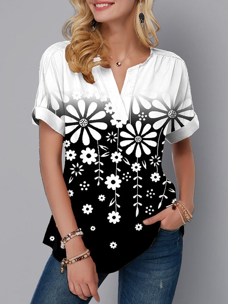 Summer New Women's V-neck Printed Short Sleeve T-shirt Top Women