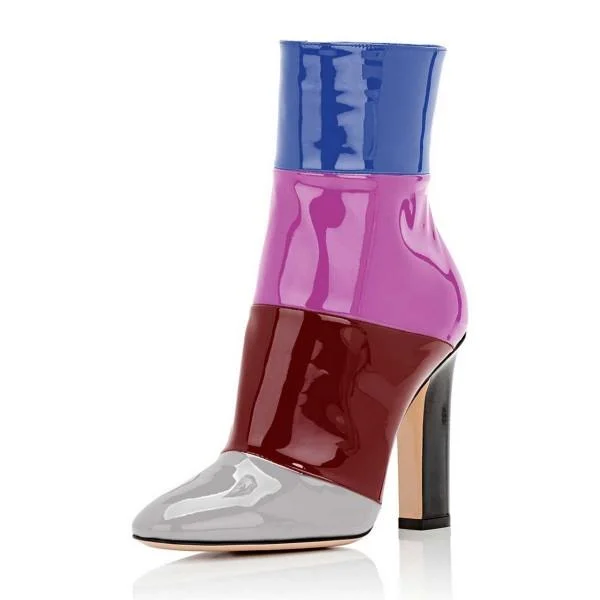 Multicolor Short Boots Patent Leather Chunky Heel Ankle Booties