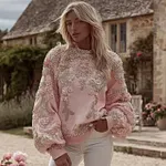 Women's Pink Floral Embroidery Art Crew Neck Casual Sweatshirt - Image 2