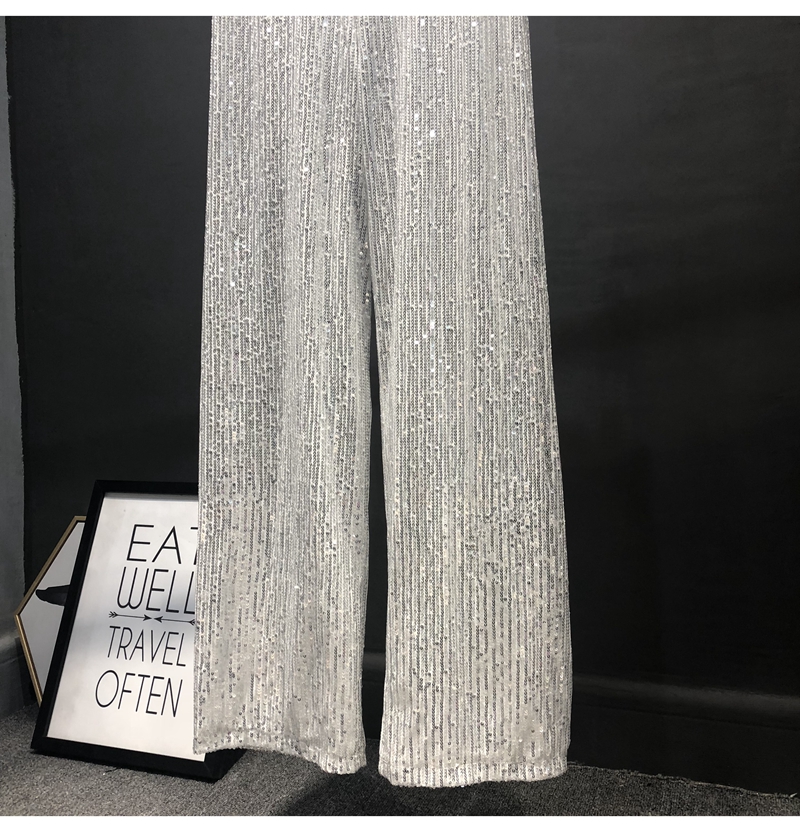 Ootddress Women Silver Full Sequined Wide Leg Pants Elastic Waist Bling Luxury Chic Capris Casual Gold Long Pants Female Club 2025