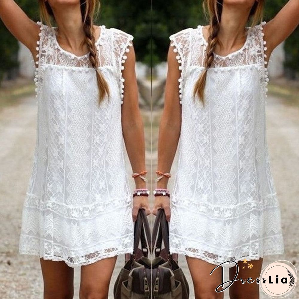 Fashion Summer Dress Sexy Women Casual Sleeveless Beach Short Dress Tassel Solid White Mini Lace Dress Plus Size