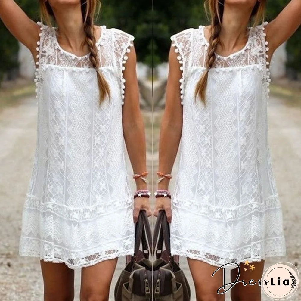 Fashion Summer Dress Sexy Women Casual Sleeveless Beach Short Dress Tassel Solid White Mini Lace Dress Plus Size