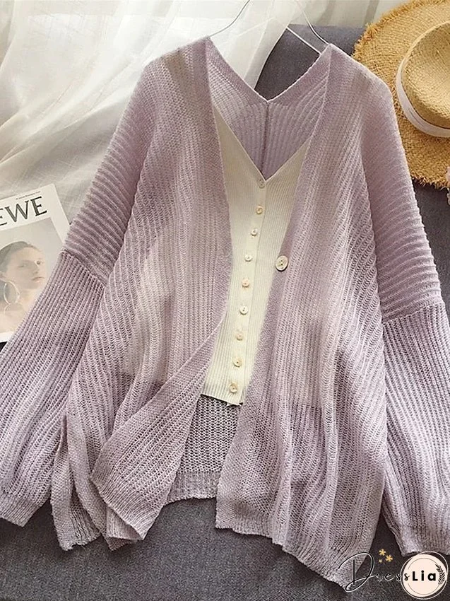 Women's Cardigan Sweater Jumper Ribbed Knit Button Solid Color V Neck Stylish Casual Home Daily Summer Spring Yellow Purple One-Size