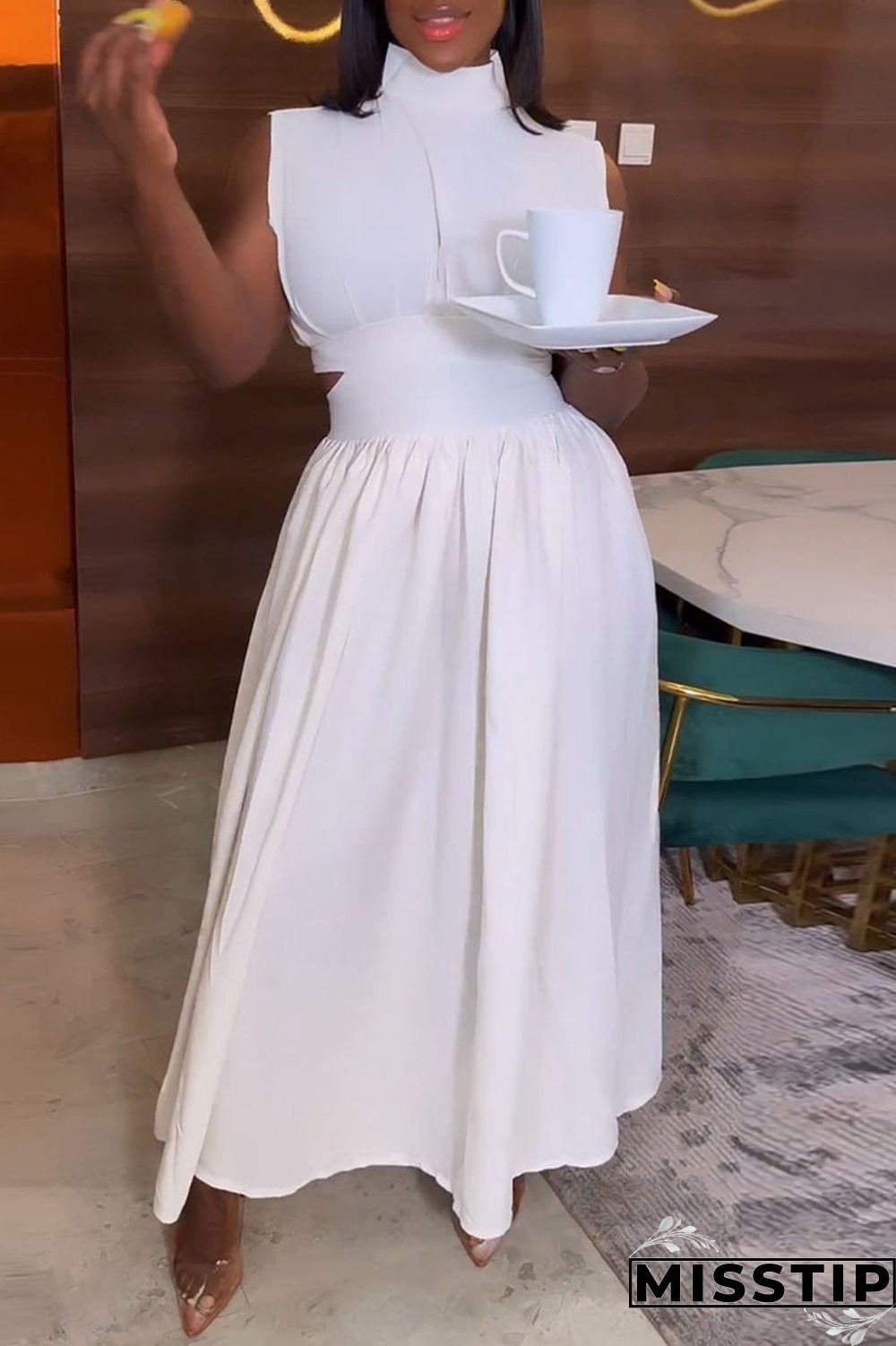 Black Elegant Solid Hollowed Out Patchwork Half A Turtleneck A Line Dresses