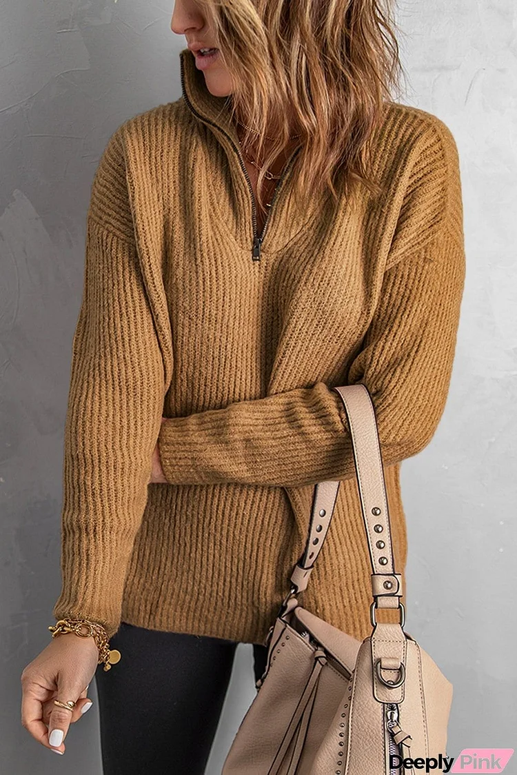 Brown Zip Neck Knitted Sweater