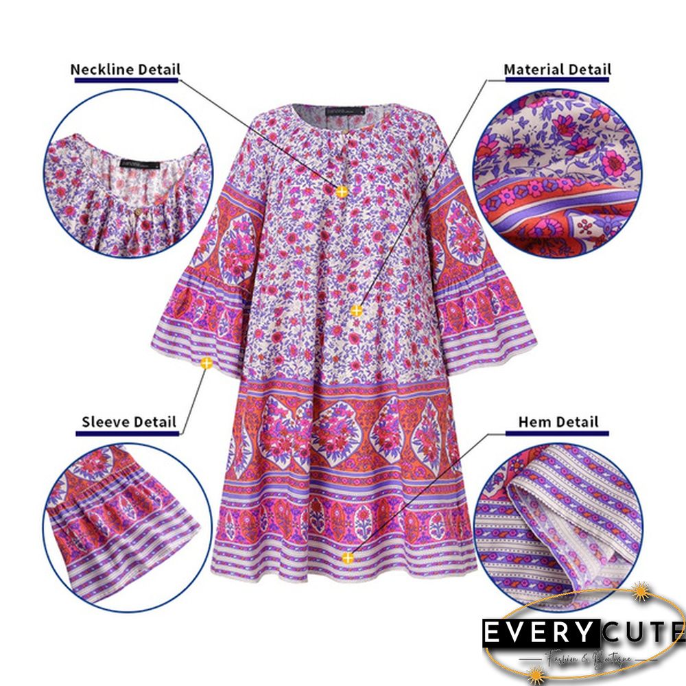 Fashion Women Retro Oversized V-Neck Casual Sundress Floral Printed Baggy Holiday Mini Shirt Dress