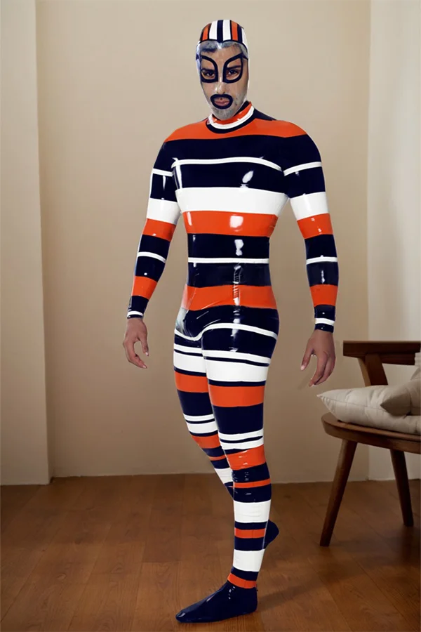 Men Latex Catsuits Candystripe Hooded Feet