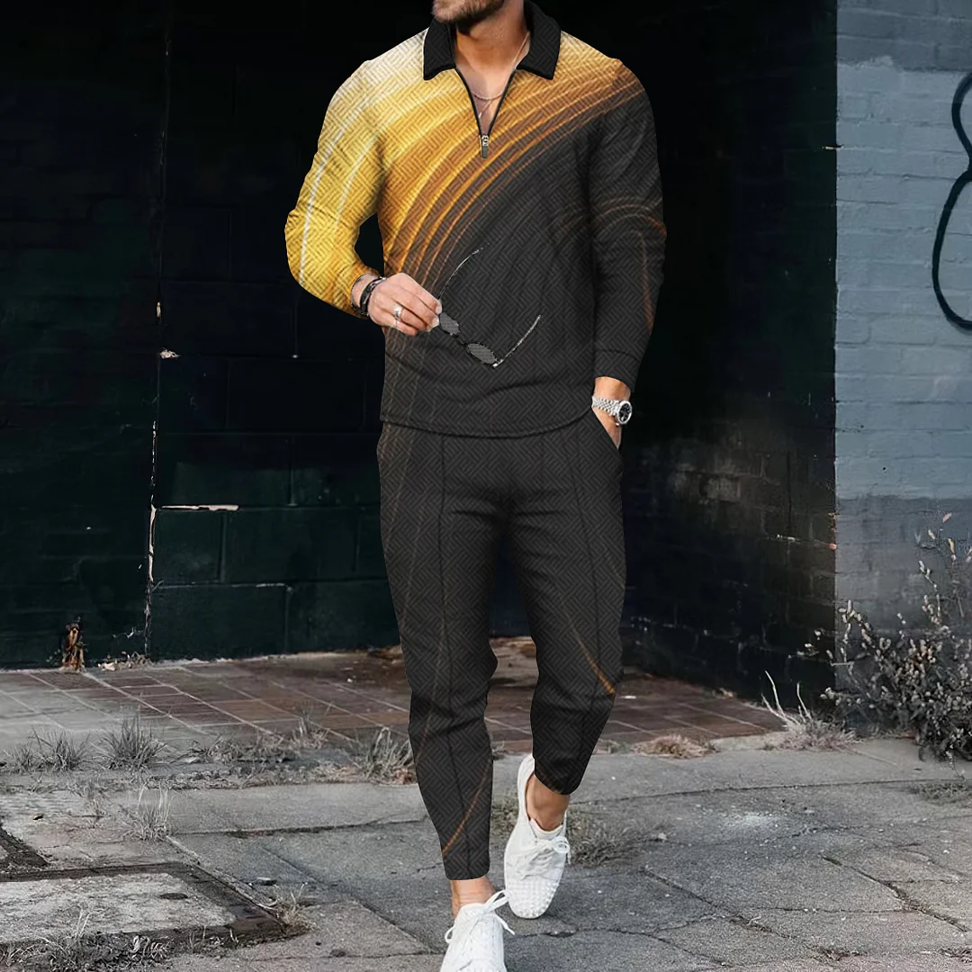 Men's Art Stripe Gradient Long Sleeve Polo Shirt And Pants Co-Ord