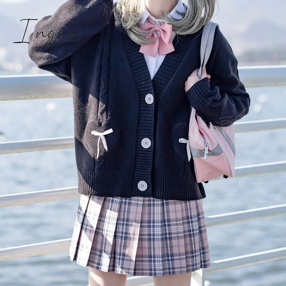 Ingvn - Spring Japan Kawaii Fashion Pink Cardigan Women Vintage Crop Knitted Sweater Cute Bow Heart