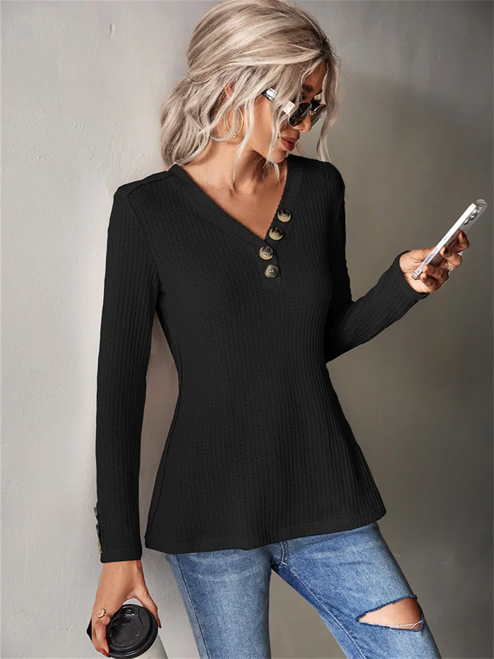 Autumn Fashion Solid Color Ladies Waffle Button Top