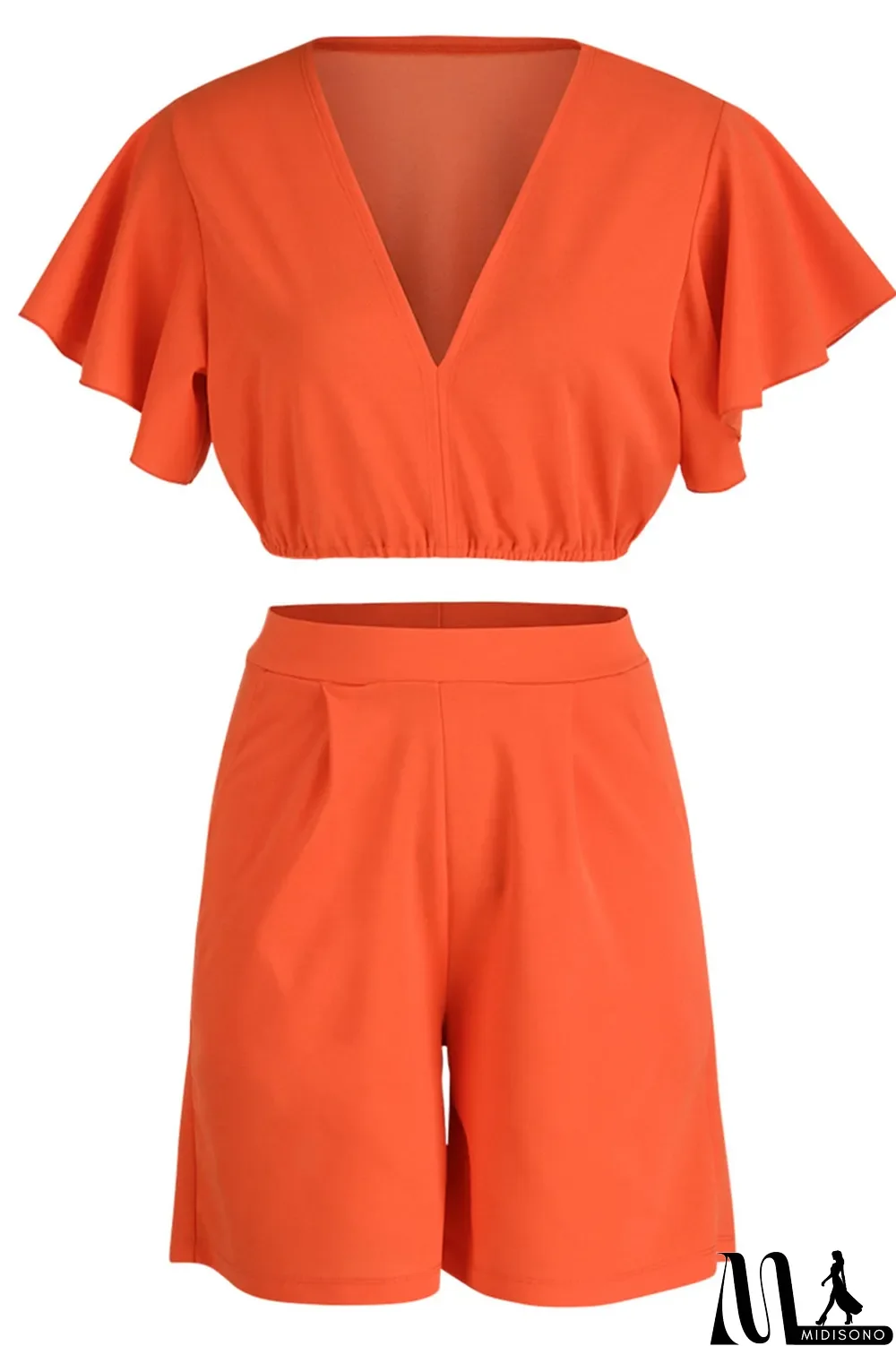 MidiSono - Yellow Casual Solid Patchwork Flounce V Neck Short Sleeve Two Pieces