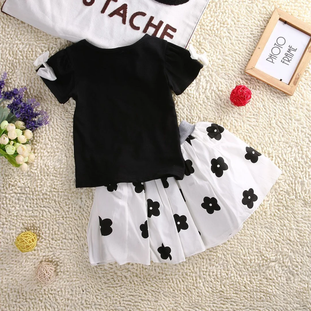 Infantil Toddler Kids Baby Girls Floral Dress Black Shirt Bow Skirt 2PCS Set Children Clothes Outfits