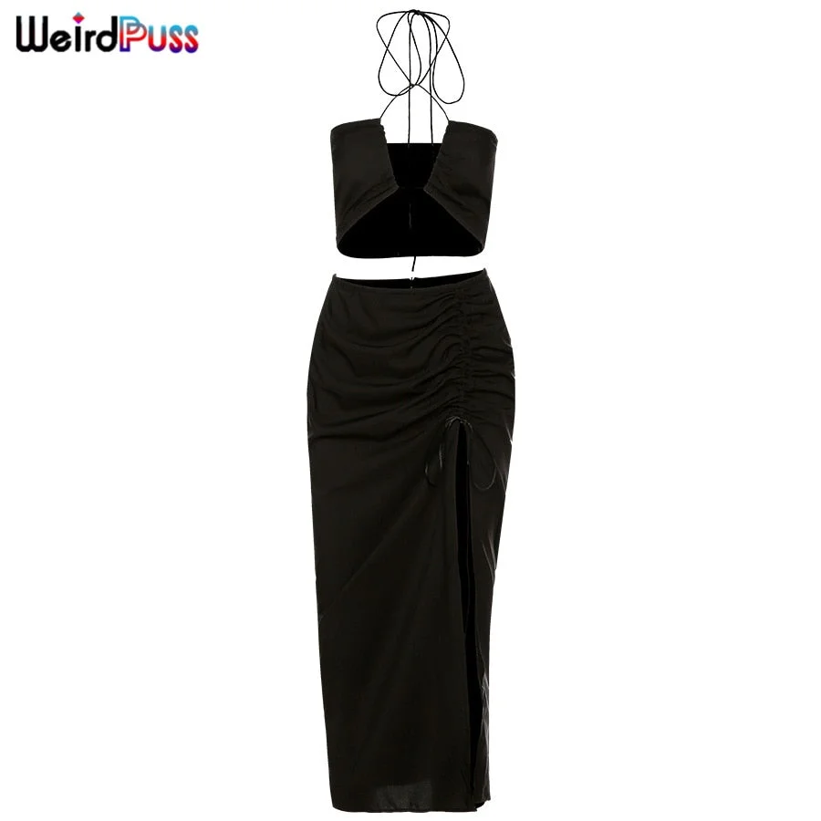 Weird Puss 2021 Elegant y2k 2 Piece Sets Womens Outfits Sexy Halter Top+Side Split Long Skirt Fashion Matching Party Clubwear