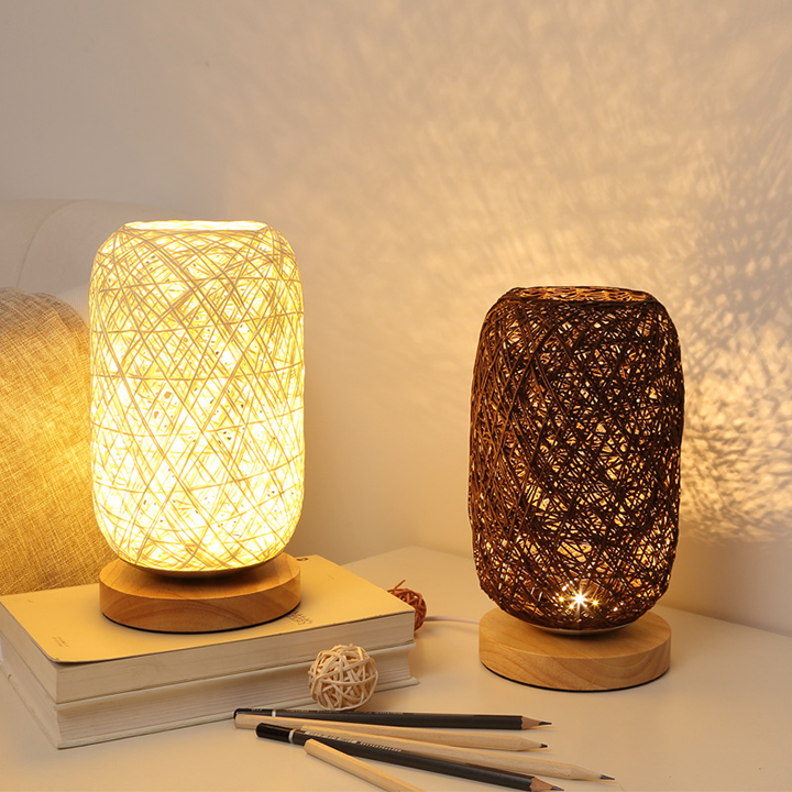 Hand-Knit Wood Rattan Twine Table Lamp - Unique Design Dimmable Art Decor Night Light