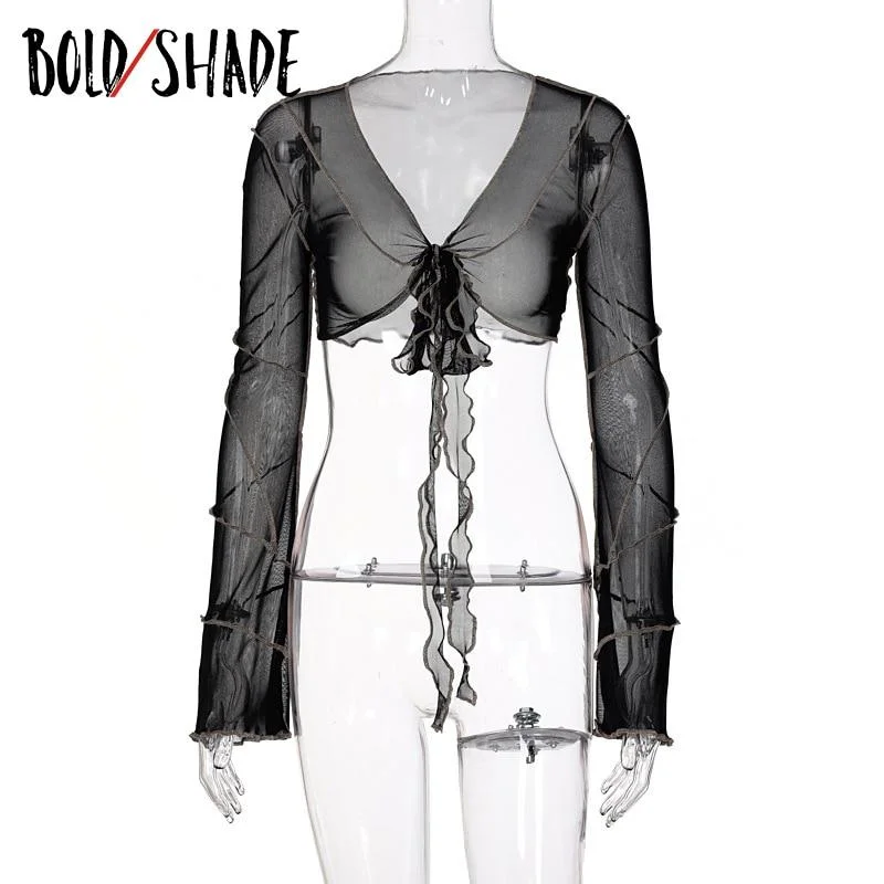 Bold Shade Transparent Sexy V-neck T Shirt Long Sleeve Mesh Indie Soft Grunge Fashion Bandage Crop Tops 90s Vintage Clothes Hot