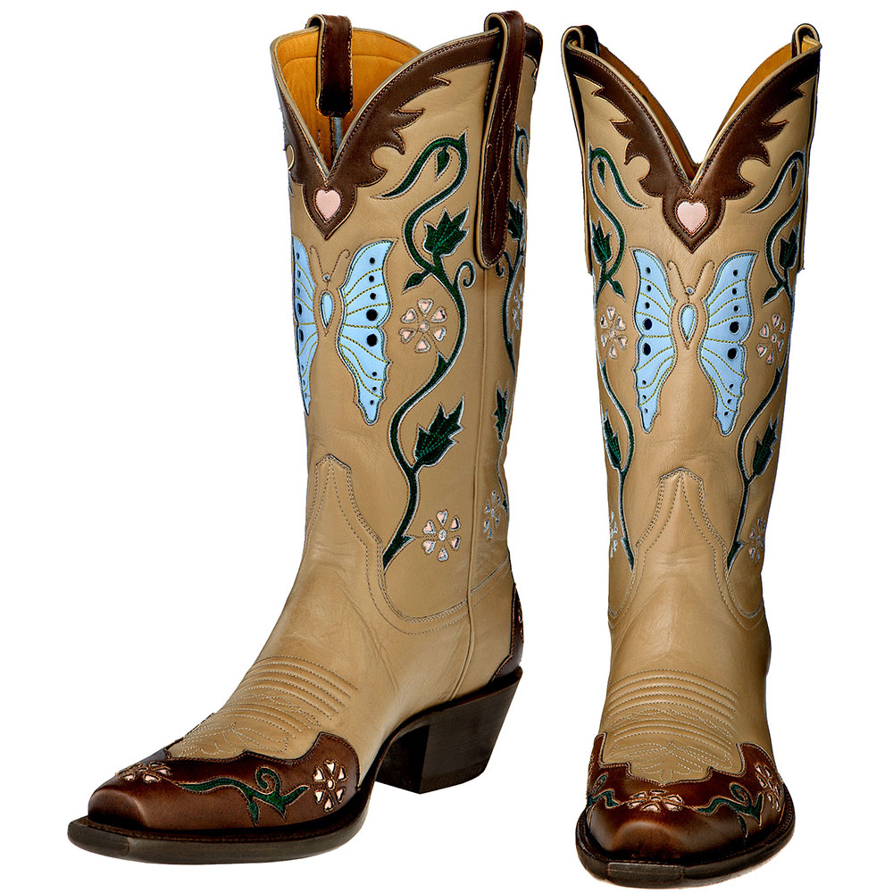 Tan & Brown Embroidered Butterfly Floral Inlay Mid-Calf Cowgirl Boots Nicepairs