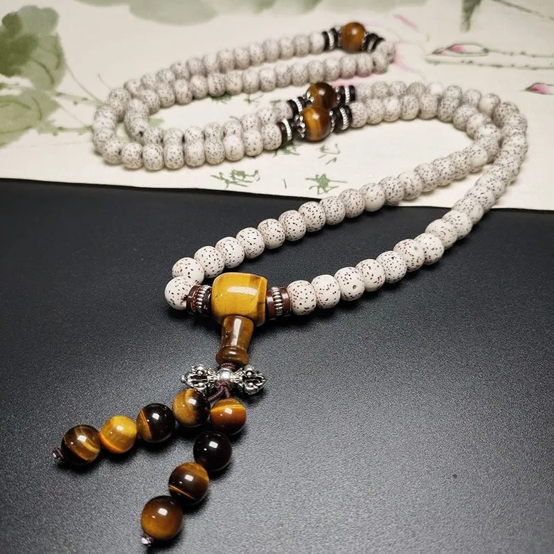 Natural Bodhi Seed Tiger Eye Wisdom Peace Bracelet Necklace Mala