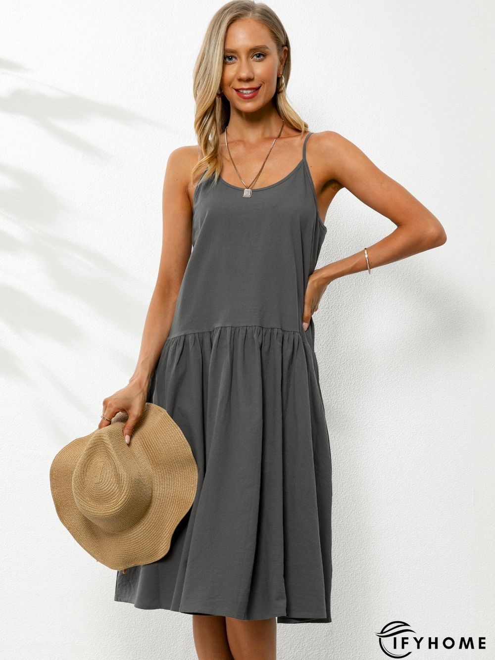 U-Neck Cotton-Blend Sleeveless Solid Weaving Dress | IFYHOME