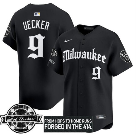 Men's Milwaukee Brewers #9 Bob Uecker Black Gothic Edition Bob Uecker Patch Vapor Premier Limited Stitched Baseball Jersey