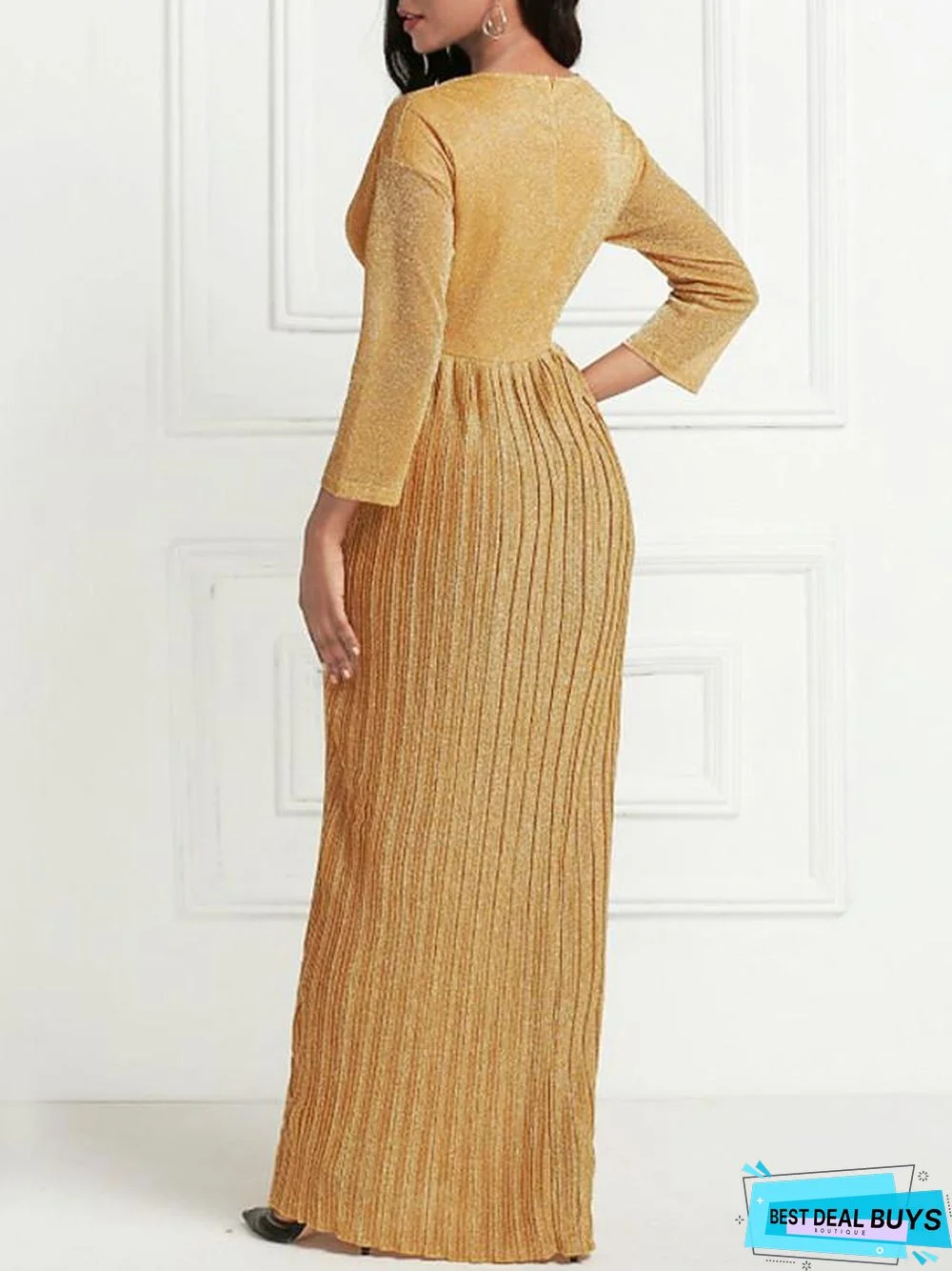 Women's Maxi Long Dress 3/4 Length Sleeve Pleated Summer Hot Formal Gold