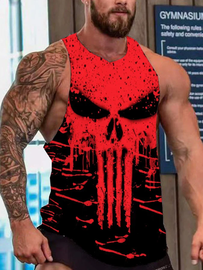 BrosWear Men's Skull Graphic Contrast Color Round Neck Tank Top