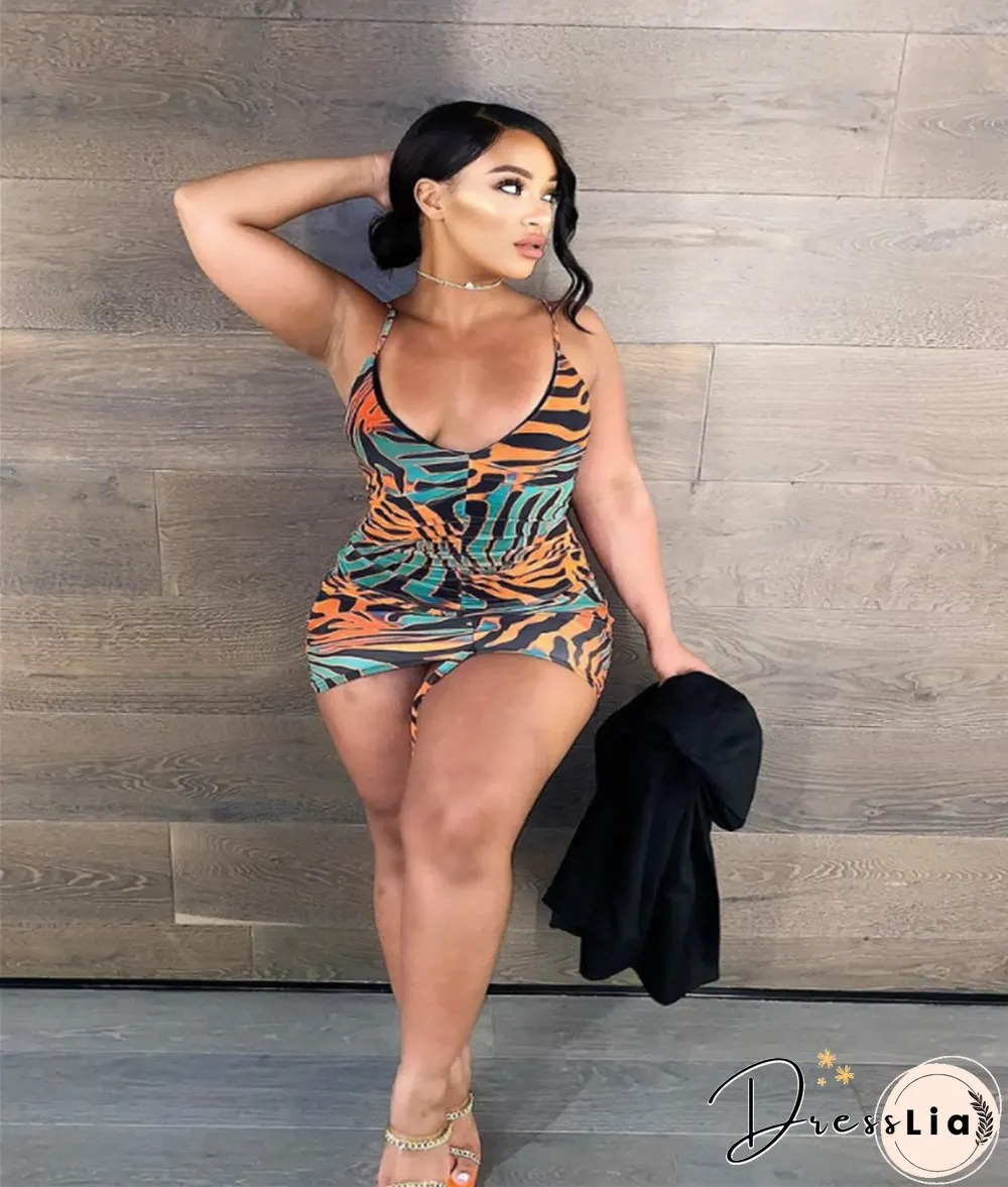 Sexy Printed Sleeveless Drawstring Ruched Bodycon Dress