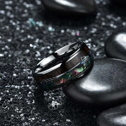 8MM Women's Or Men's Tungsten Carbide Wedding Matching Rings Cupid's Arrow Silver with Rainbow Abalone Shell & Wood Inlay Domed Top Brushed