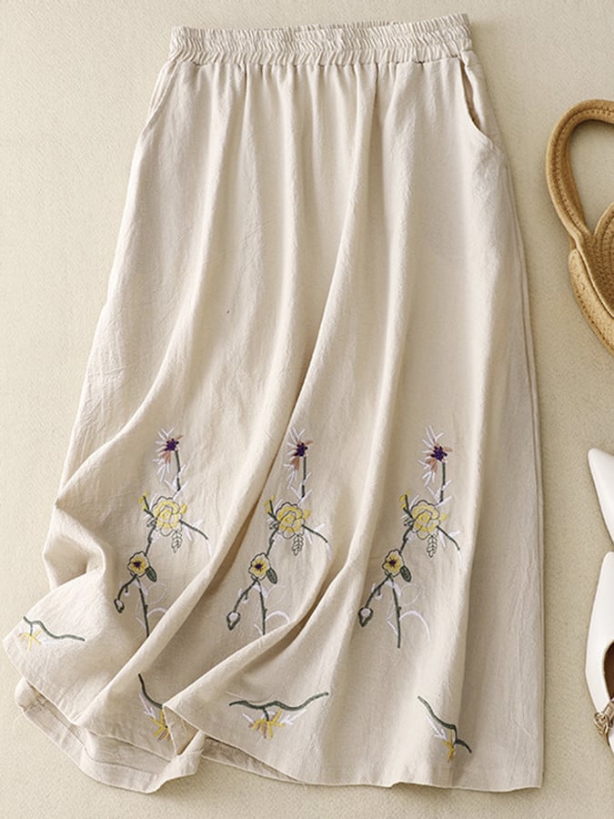 Cotton Side Pocket Floral Embroidered Loose Skirt