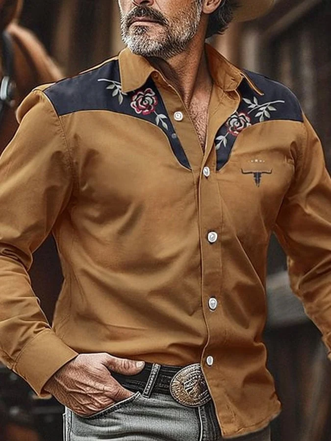 Men's Vintage Western Bucking Nomadic Floral Longhorn Print Long Sleeve Shirt