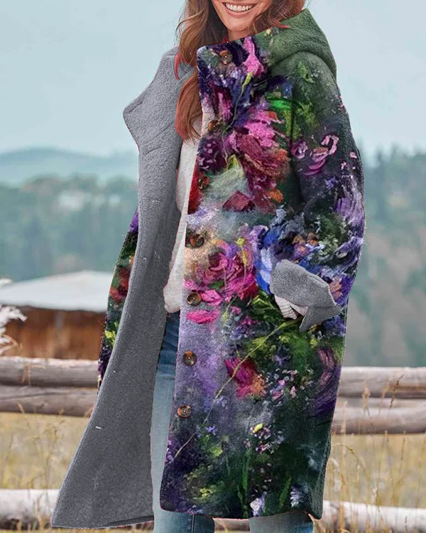 Vintage Art Floral Print Hooded Long Sleeve Jacket
