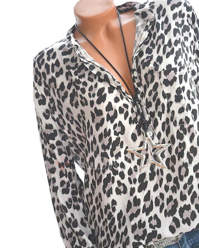 Leopard V-Neckline Long Sleeve Blouses