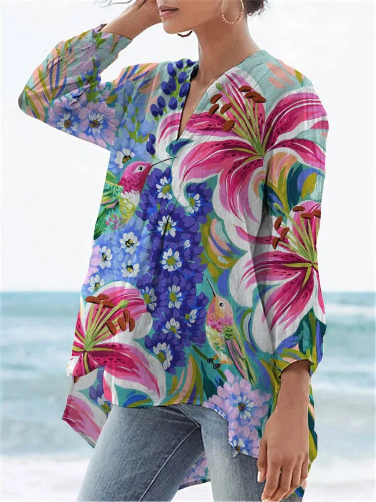 Women's  Flower Print Casual Linen V-neck Shirt