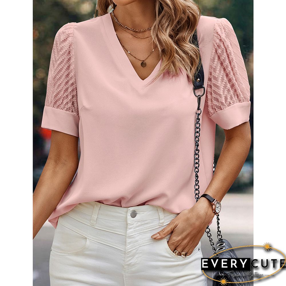 Pink V-neck Mesh Short Sleeved Knitted Blouse
