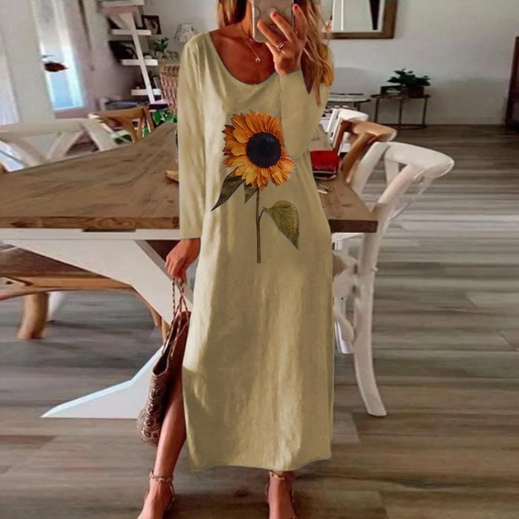 Sunflower 3D Print Split Summer Autumn Dress Women Elegant 2020 White Long Sleeve Plus Size Maxi Dresses for Women Vestidos