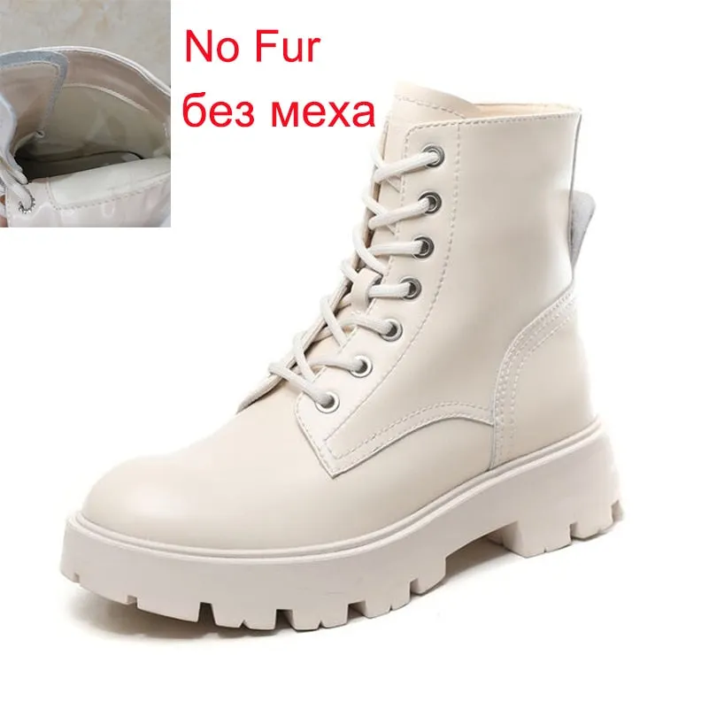 Meotina Women Genuine Leather Motorcycle Boots Round Toe Lace Up Shoes Thick Med Heel Ladies Ankle Boots 2021 Autumn Winter 40