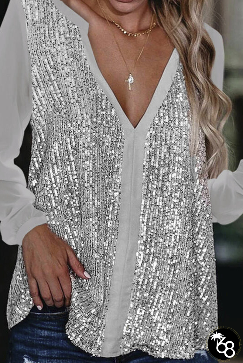 Casual Patchwork Sequins V Neck Tops | 168DEAL