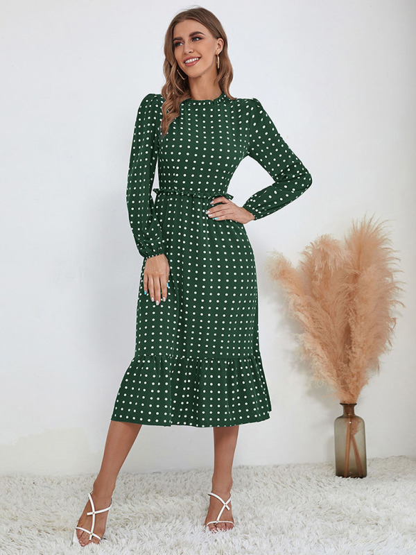 Mature Women Summer Casual Long Sleeve French Polka Dot Dress