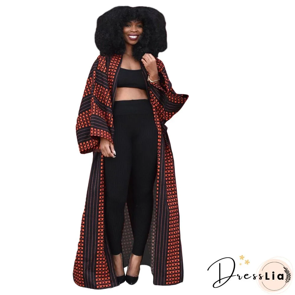 Printed Long Sleeve Open Front Long Cardigan Tops