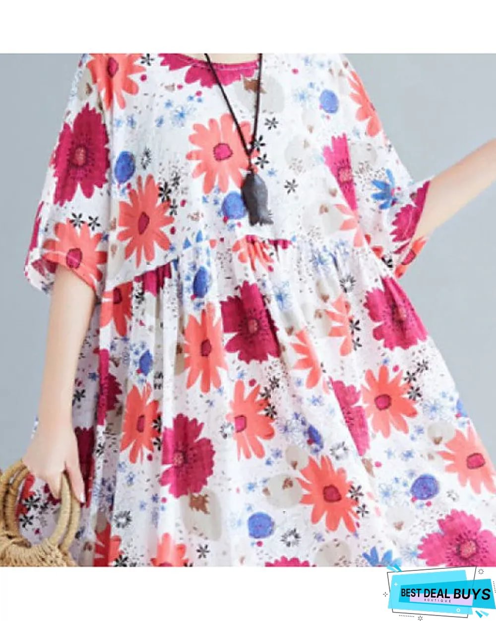 Womens Swing Dress Maxi Long Short Sleeve Floral Patchwork Print Summer Fall Elegant
