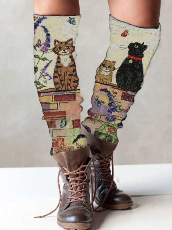 cute cat print knitted boots cuffs leg warmer