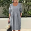 Robe tunique unie en lin avec poches et col rond pour femme