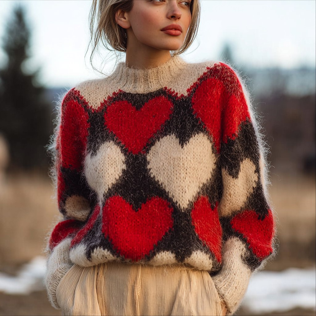 Valentine's Day Love Heart Pattern Women's High Neck Sweater wearshes