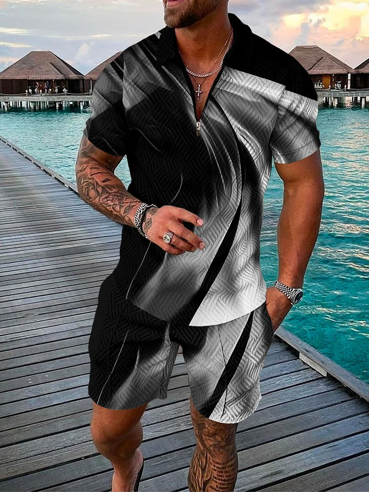Men's Fashion Black Gradient Printing Polo Suit
