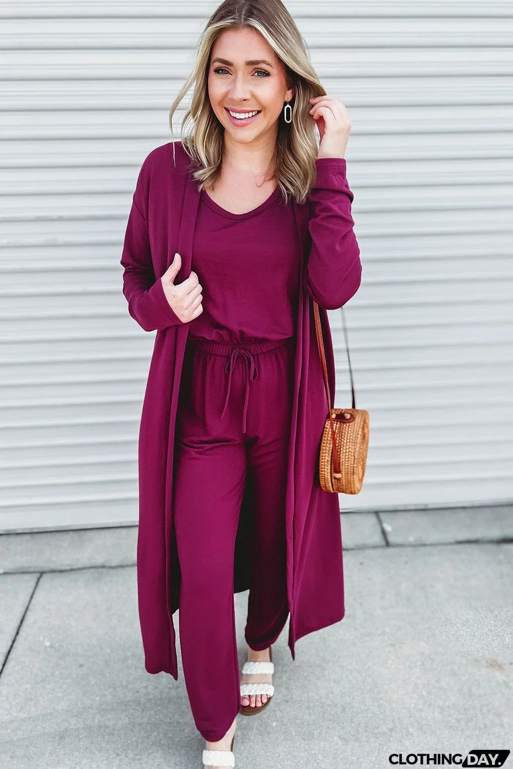 Elastic Drawstring Waist Jumpsuit and Duster Set