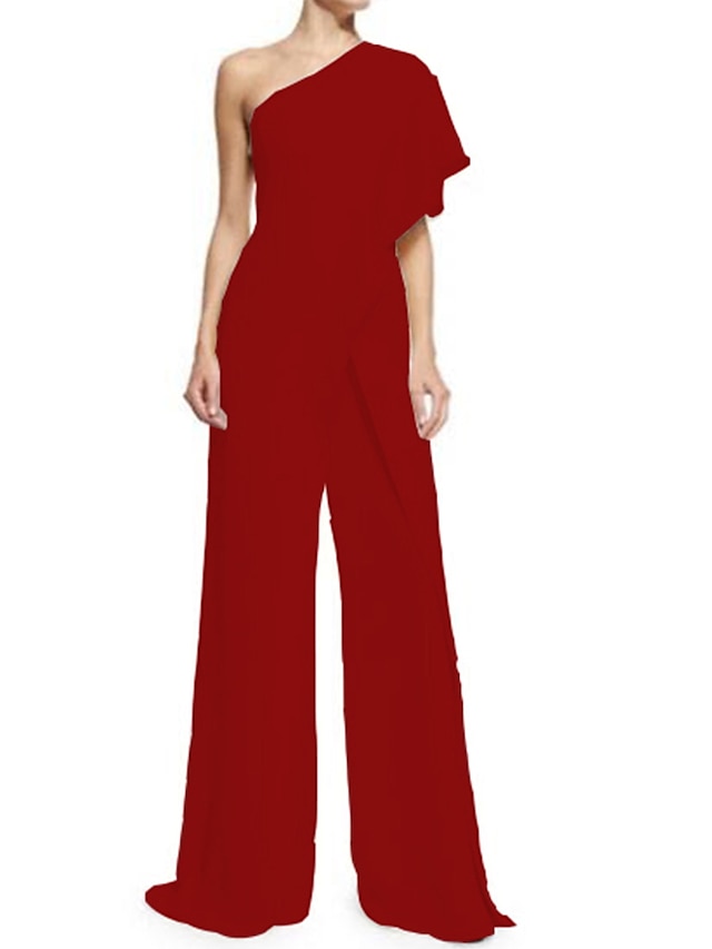 Women's Jumpsuit Ruffle Zipper Solid Color One Shoulder Basic Party Bootcut Regular Fit Wine Green Purple S M L Summer