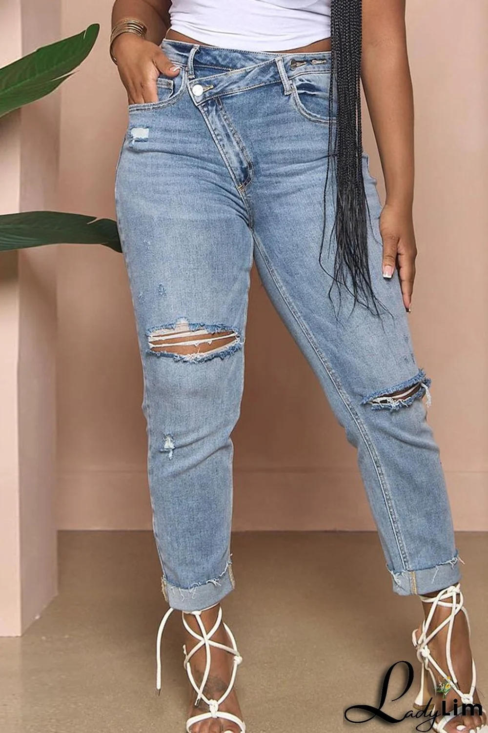 Light Blue Street Solid Ripped Patchwork High Waist Denim Jeans