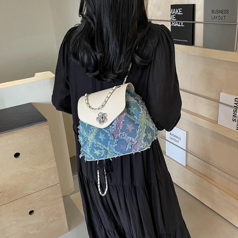 Women’s Medium Cloth Color Block Star Classic Style Streetwear Sewing Thread Square Flip Cover Fashion Backpack