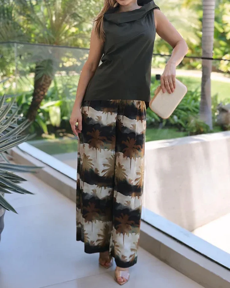 Sleeveless printed casual two-piece suit